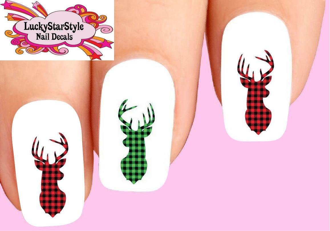 Waterslide Nail Decals Set of 20 – Christmas Red & Green Plaid Deer Assorted