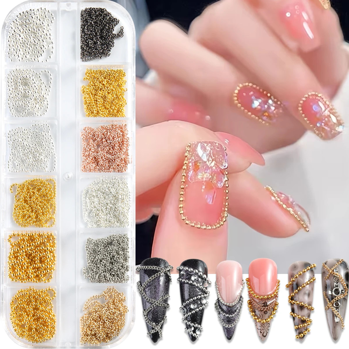3D Metal Nail Art Chains Gold Silver Nail Decoration Personality Nail Jewelry