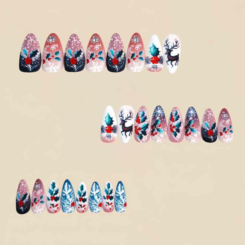 48P Stiletto Press on Nails, Reindeer Holly Snowflake Winter Xmas Fake Nails