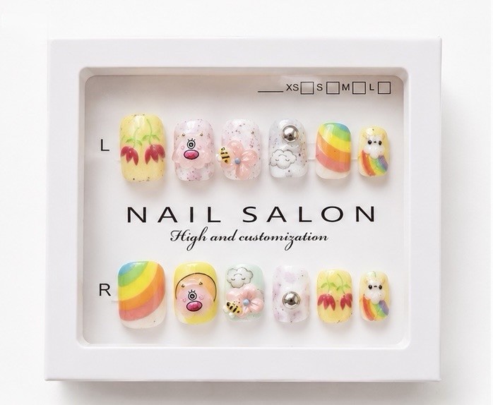 Kids 3D Rainbow Press On Nails 12PCS with Adhesive Tabs Cute Fake Nails for Girl