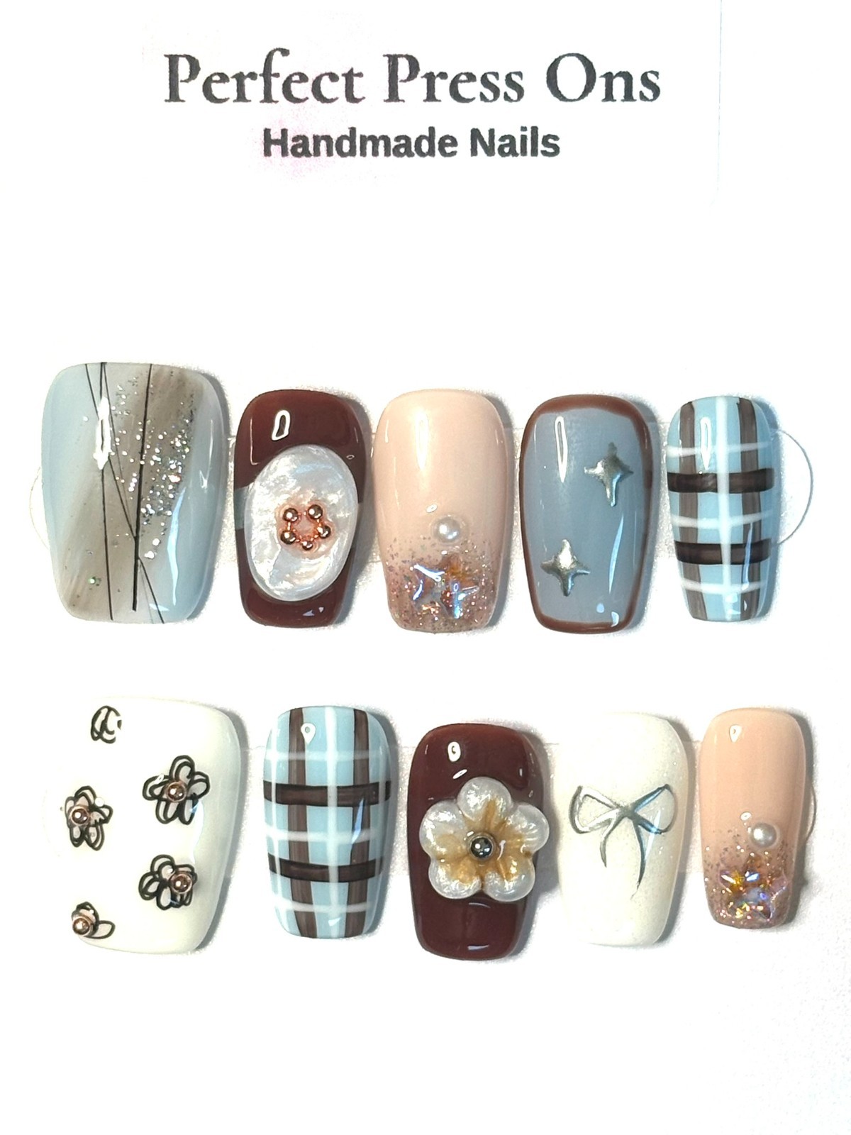 Burgundy Plaid Press On Nails 3D Flower Camellia Grey Marble Handmade Medium