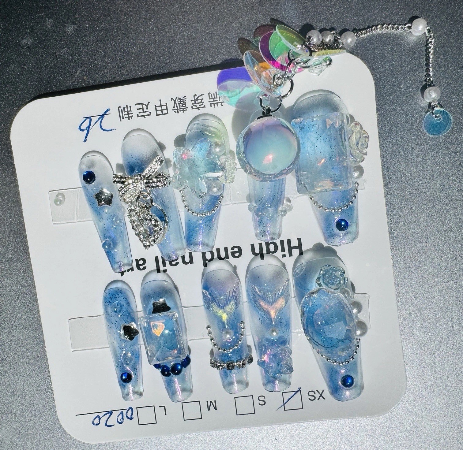 Press-On Nails Extra Long Coffin Blue/White/Clear Ocean Theme 3D Full Cover