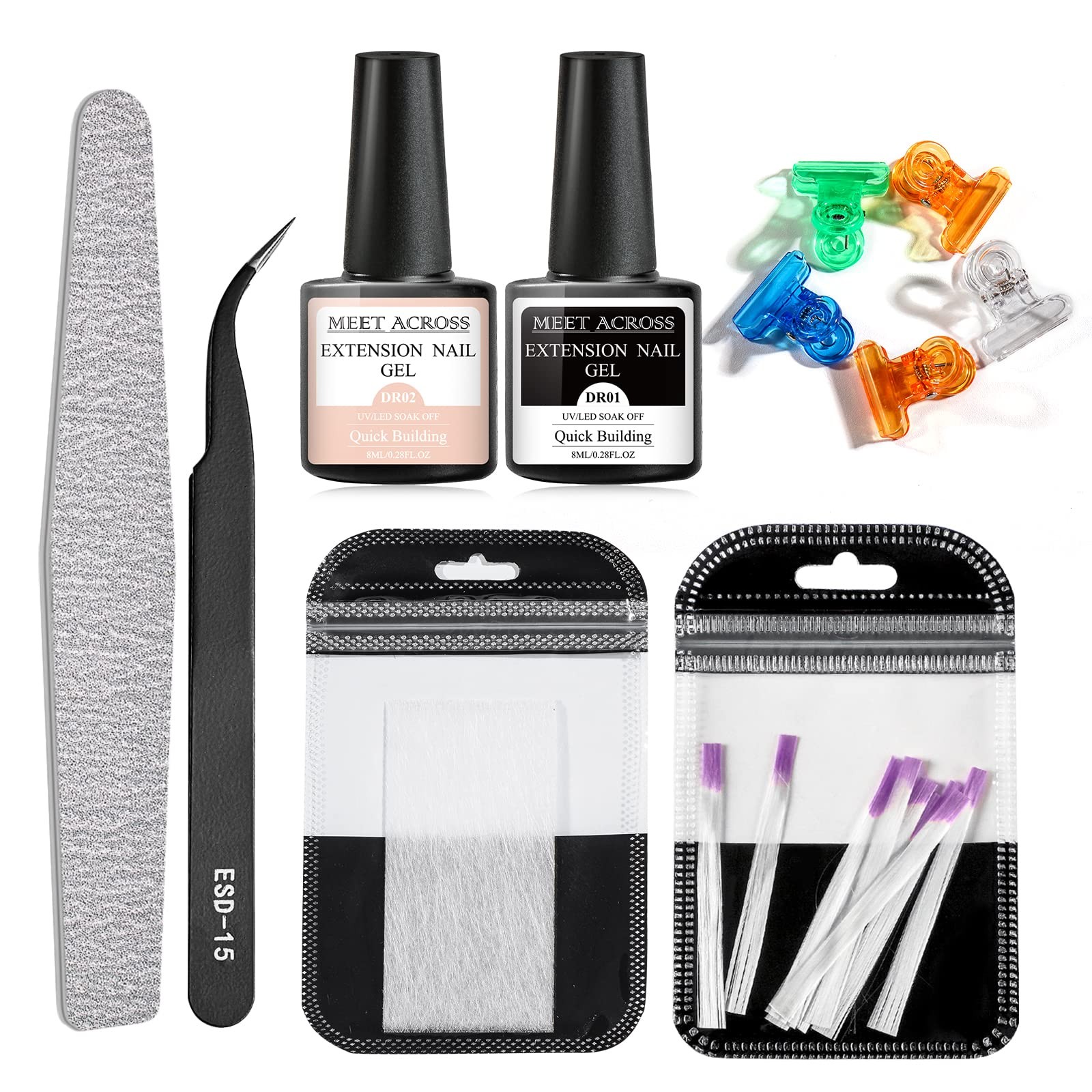 Nail Extension Kit Fiberglass Clear Pink Builder Gel with Nail File Tweezers
