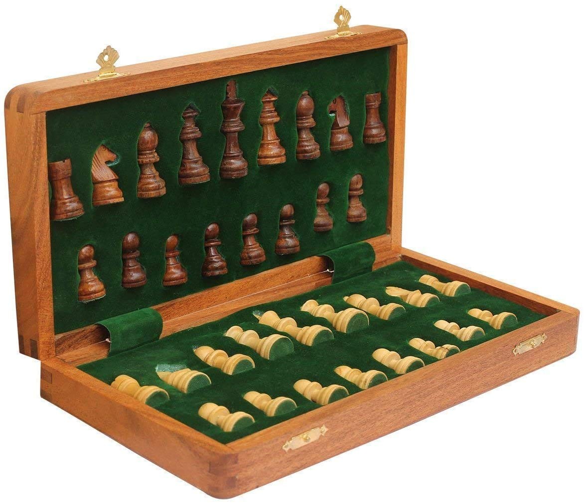 Magnetic Travel Chess Board Set – Classic Wood Staunton 7 X 7 inches, Bronze