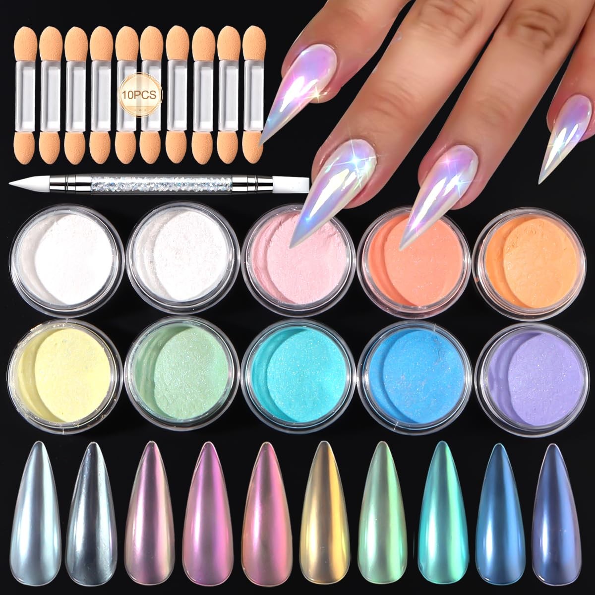 Polvo de uñas cromado con perla de sirena de 10 colores, brillo decoración uñas