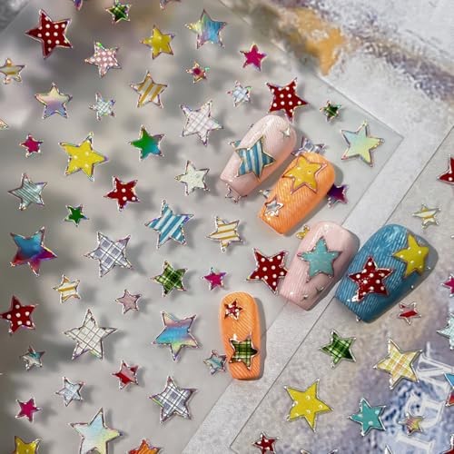 Holographic Star Nail Art Stickers Polka Dot Stripe Star Nail Decals Style 4