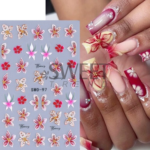 Hibiscus Lily Colorful Petal Floral Textured Matte Nail Art Flowers Decals NH29