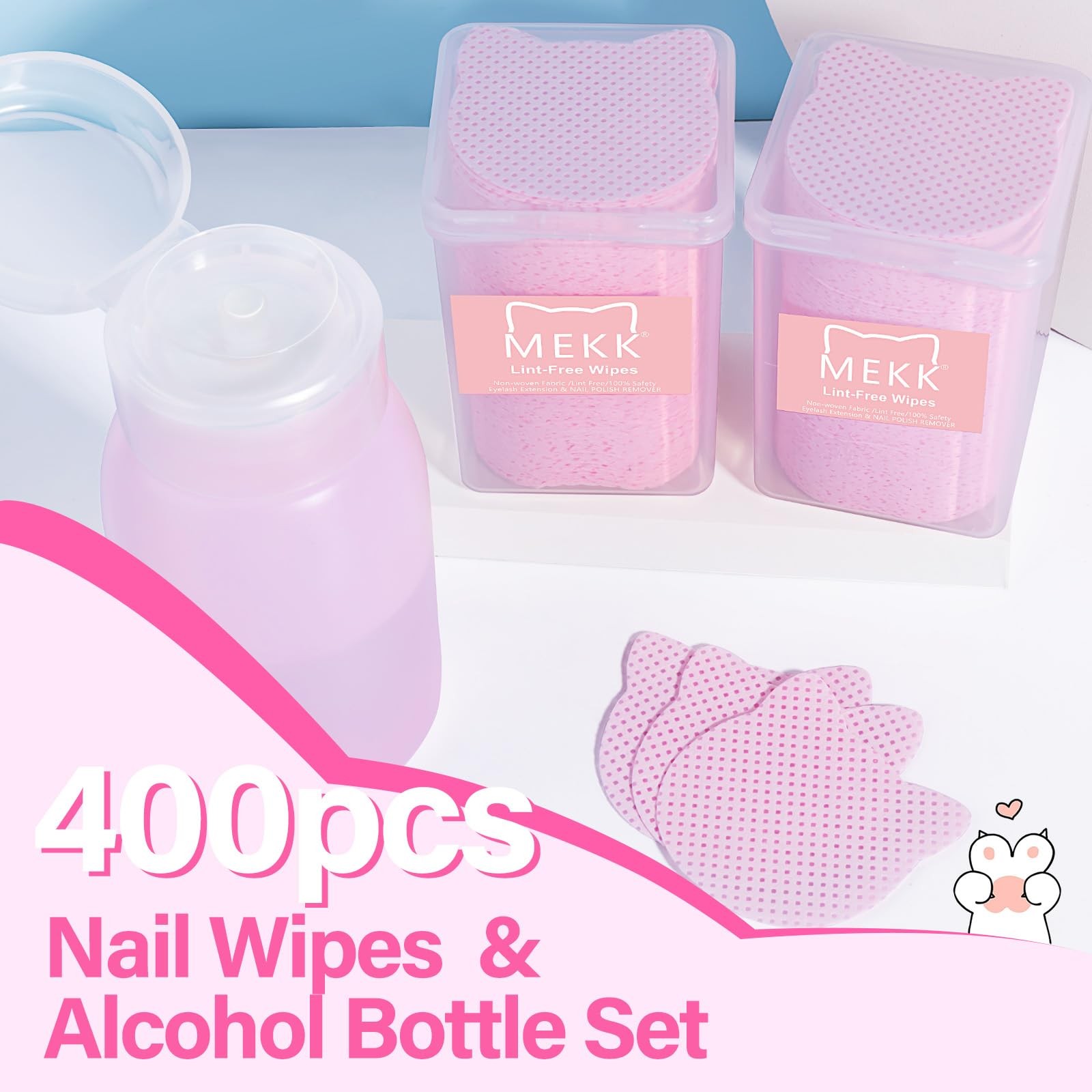 MEKK Lint Free Nail Wipes with Acetone 400PCS, With Dispenser