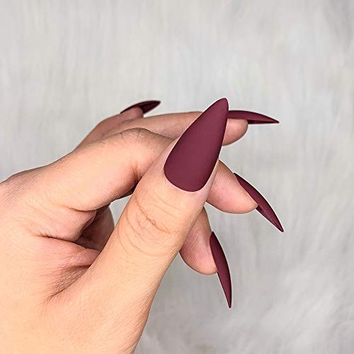 24pcs Fake Nails Matte Pure Color Medium Long Stiletto Almond Press Wine Red