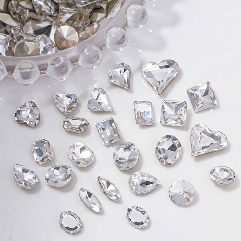 48Pcs Clear White 3D Nail Rhinestones Charms, Heart Butterfly Star Flower