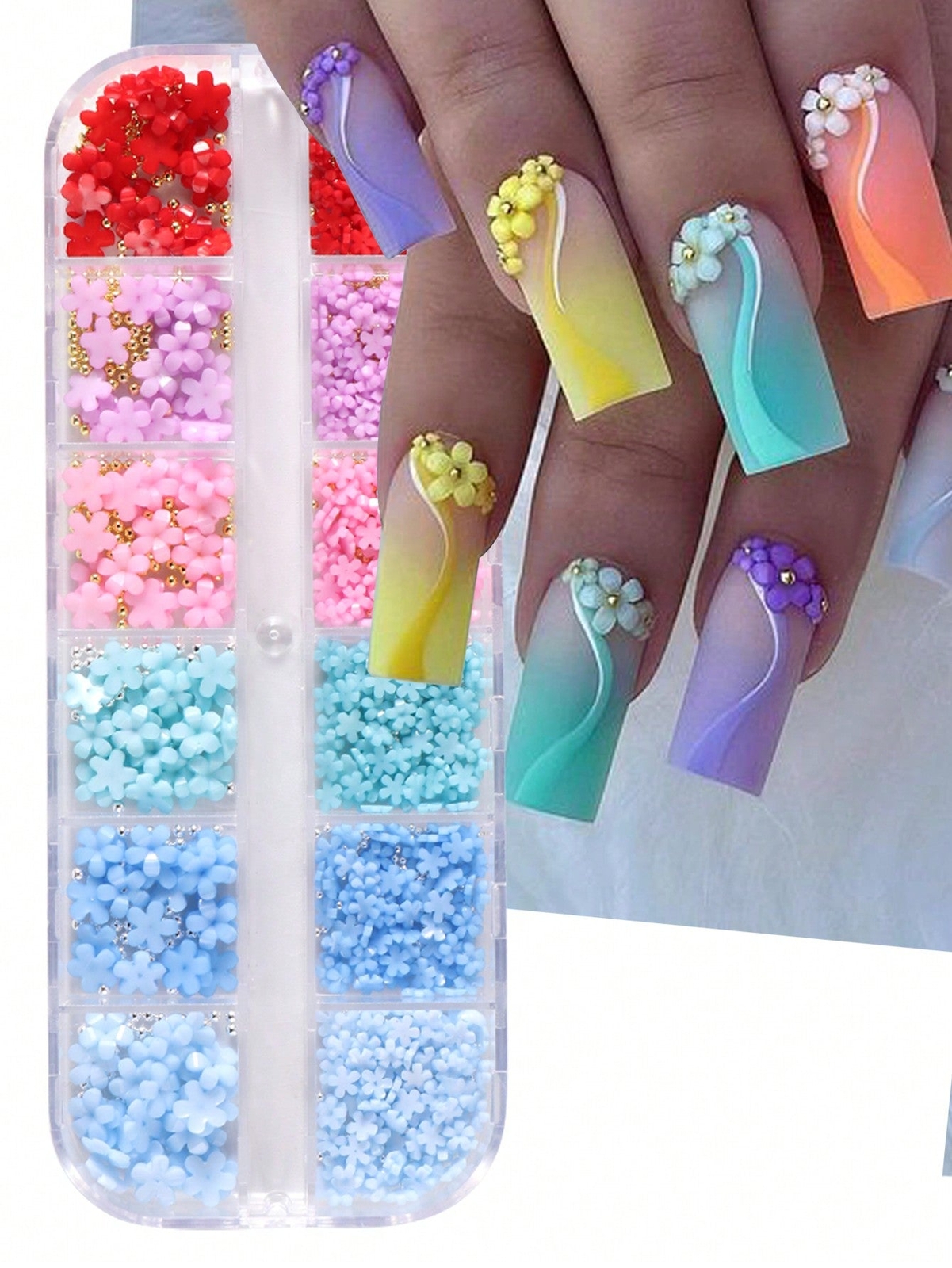 12 Grids 3D Acrylic Flower Nail Art Decoration, Mixed Size Colorful Flower Gold