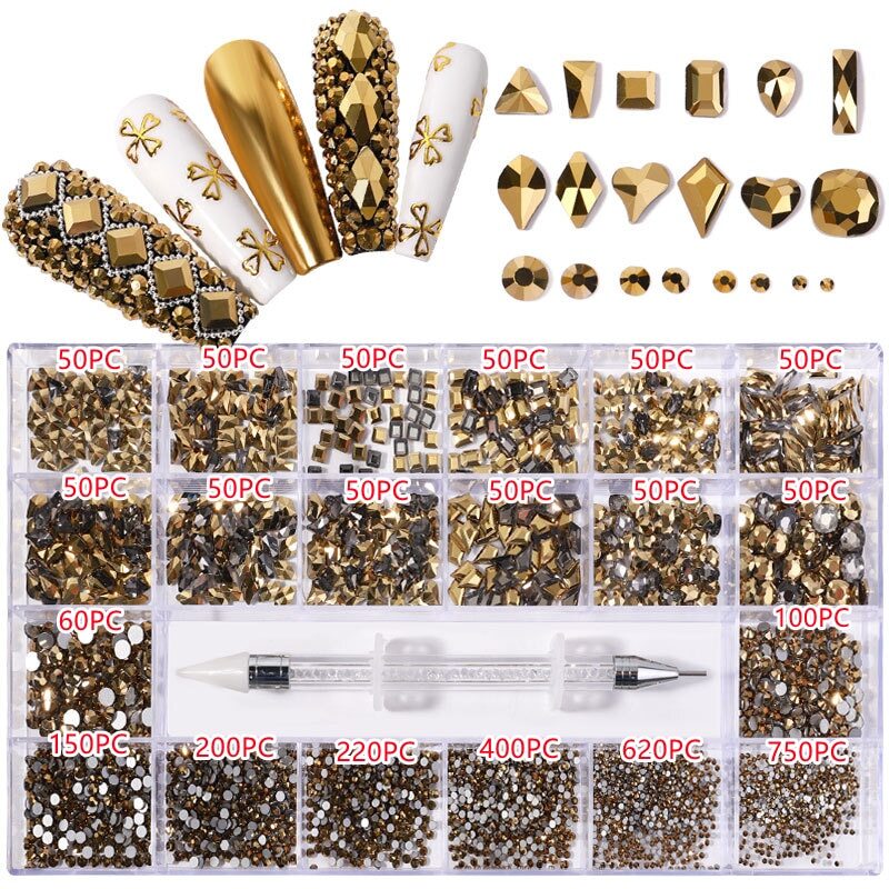 3100PCS/Boxed Luxury Rhinestone Nail Art Jewelry Set Glass Nail Crystals Box