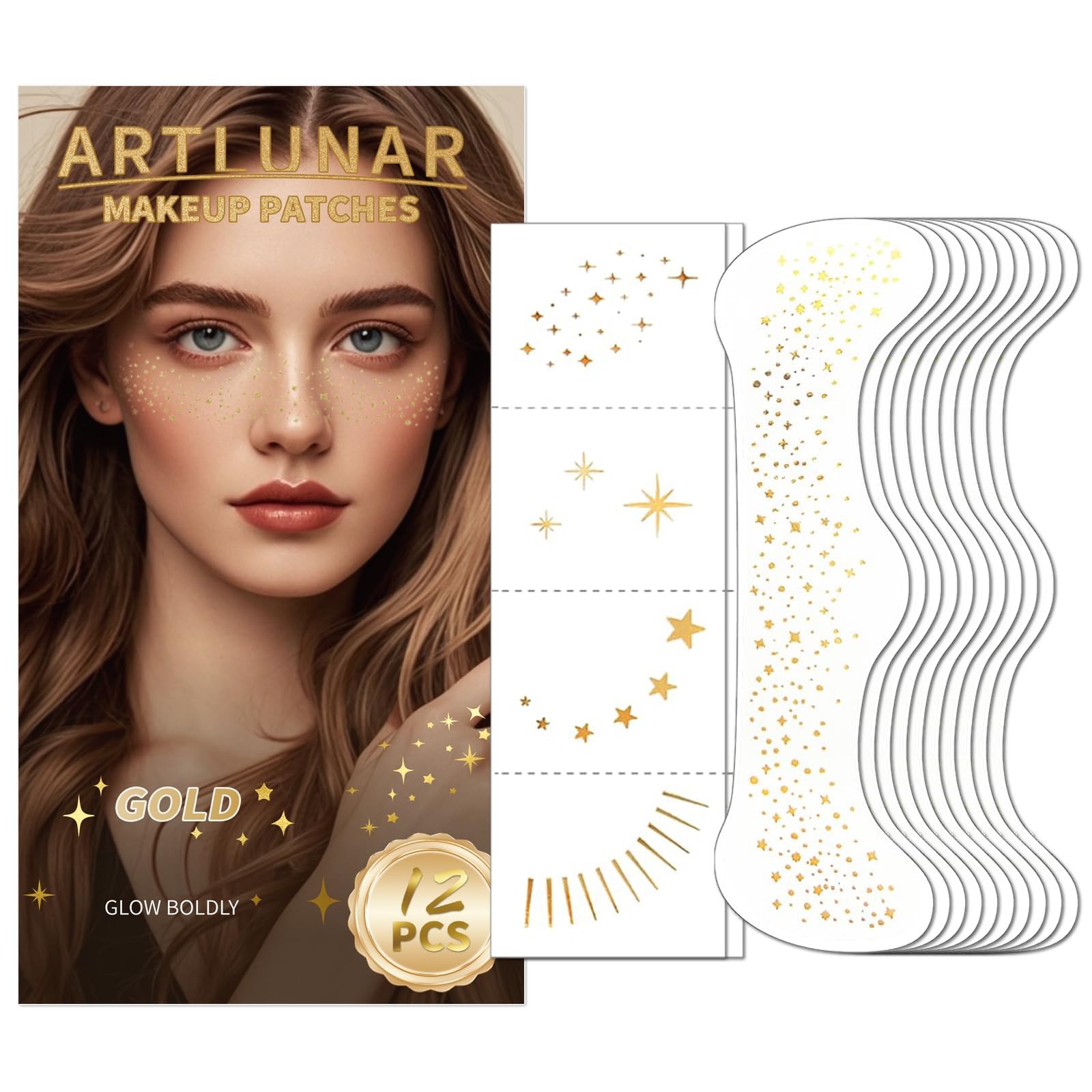 12 PCS Face Glitter Makeup Patches Festival Concert Party Cosmetics Gold