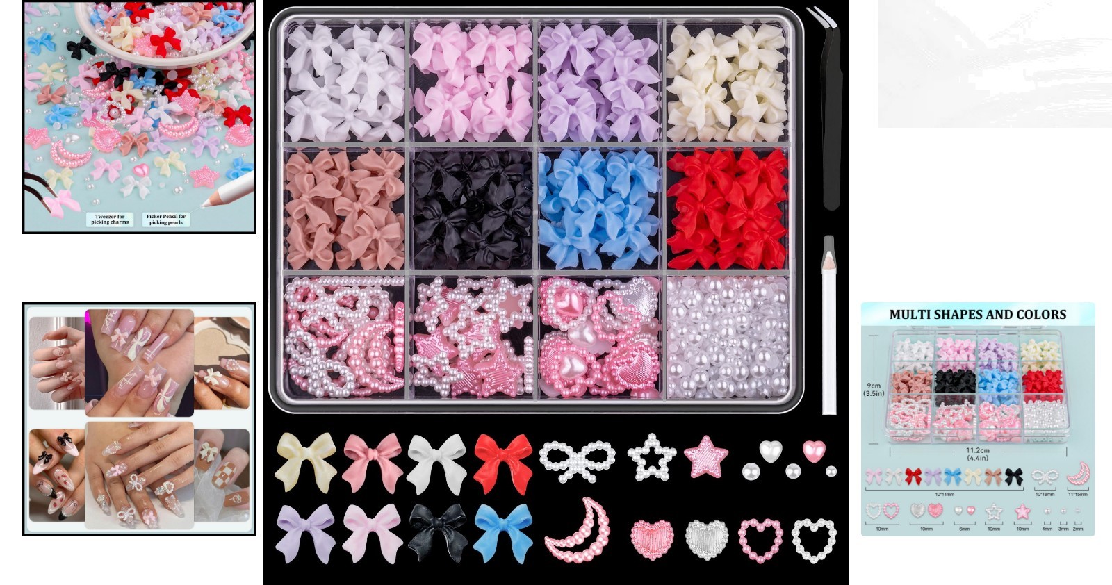 600 Pcs 3D Nail Charms & Flatback Pearls Set – 8 Color Bow Charms for Art