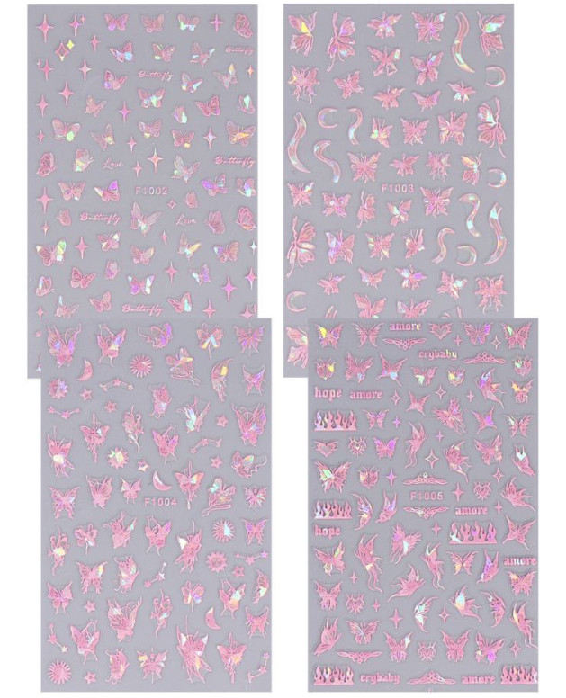 3 or 4Pcs Holographic Laser Pink Black Butterfly Star French Nail Stickers NS20
