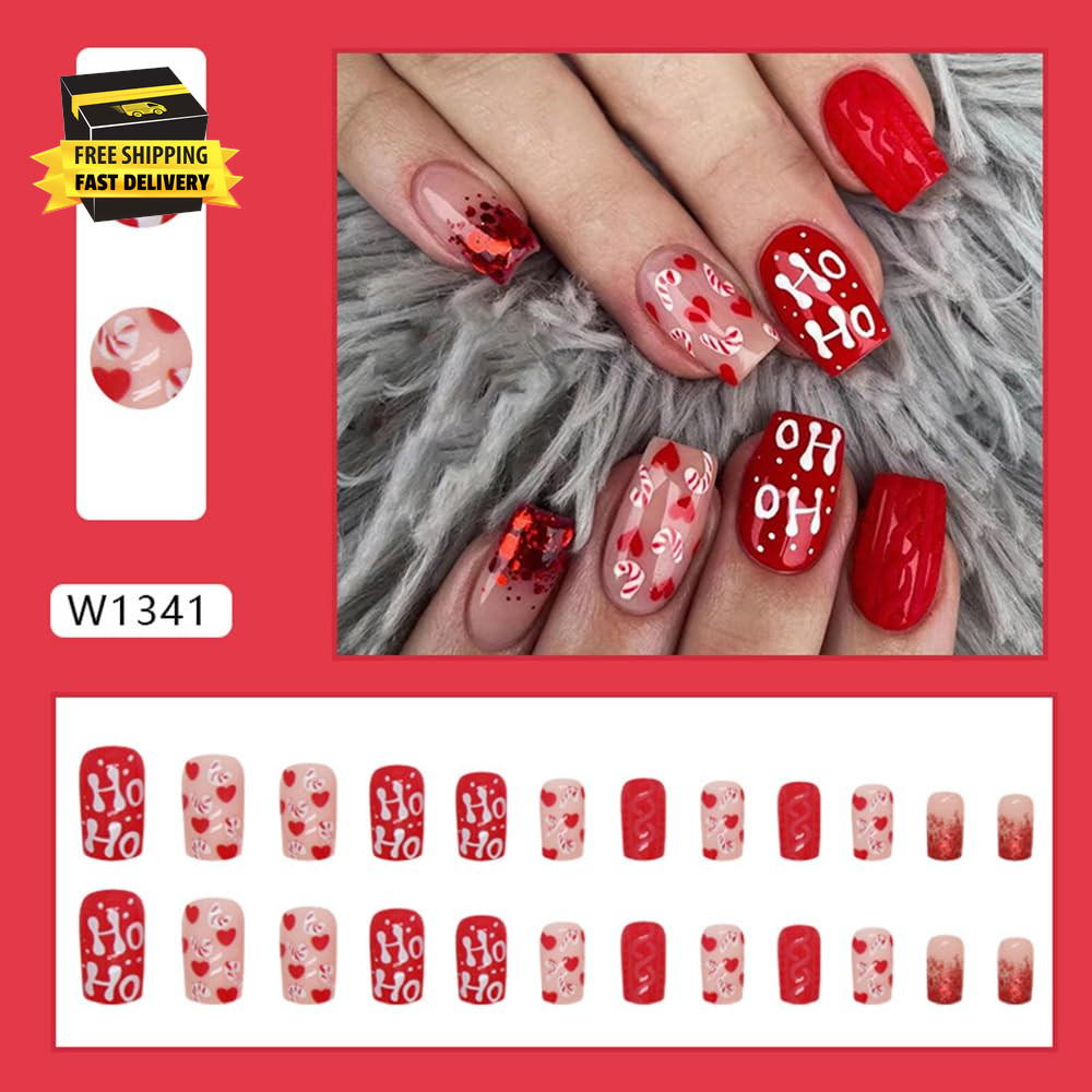 24Pcs Christmas Short Press on Nails – Square Fake Acrylic False Nails with Cute