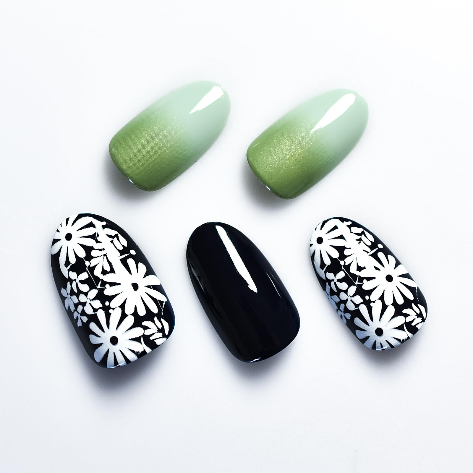 Pre-design Press On Nails Glossy Black Green False Nails Medium Long Nail Art…