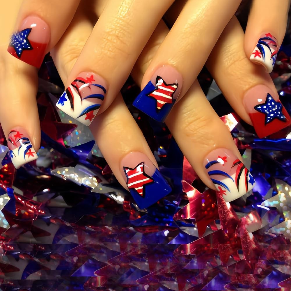 24Pcs 4th of July French Tips Press on Nails Short Square Flag Star Designs F…