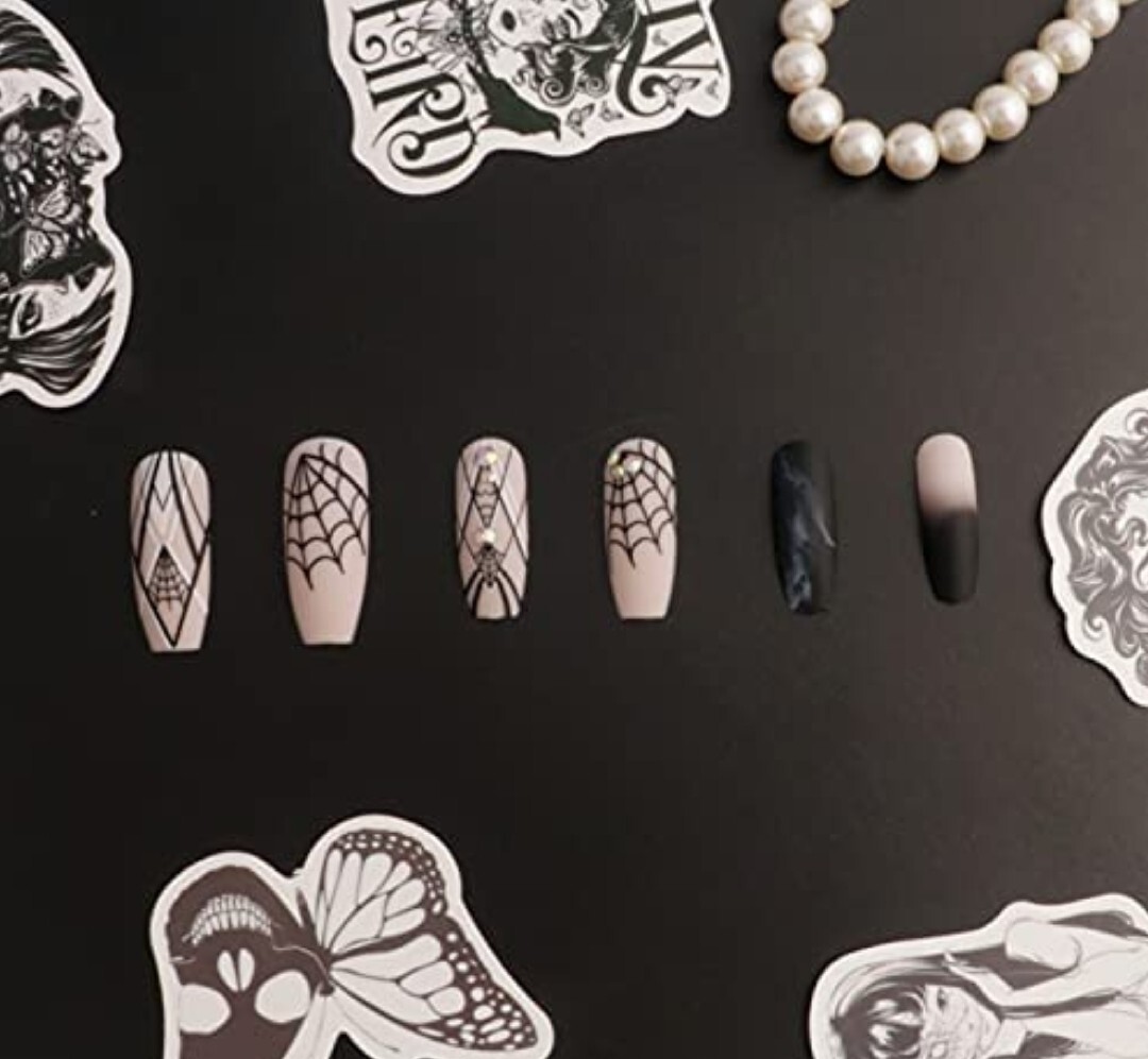 24 Witchy matte nude black press on nails kit glue spiderweb goth halloween edgy