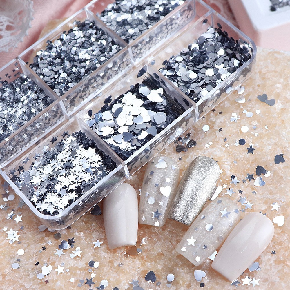 6 Grids Nail Art Glitter Sequins Silver Nail Flakes~Heart Star Round Mixed Shape