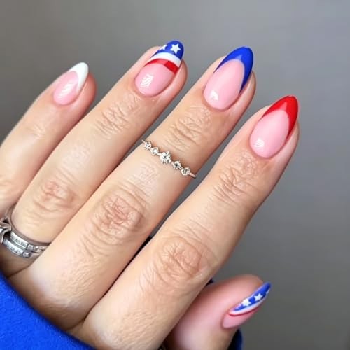 4th of July Press On Nails Blue Red Almond 24Pcs