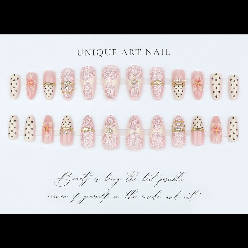 48pcs-Nude Beige Press on Nails Almond Polka Dot Lace 3D Flower Rhinestones