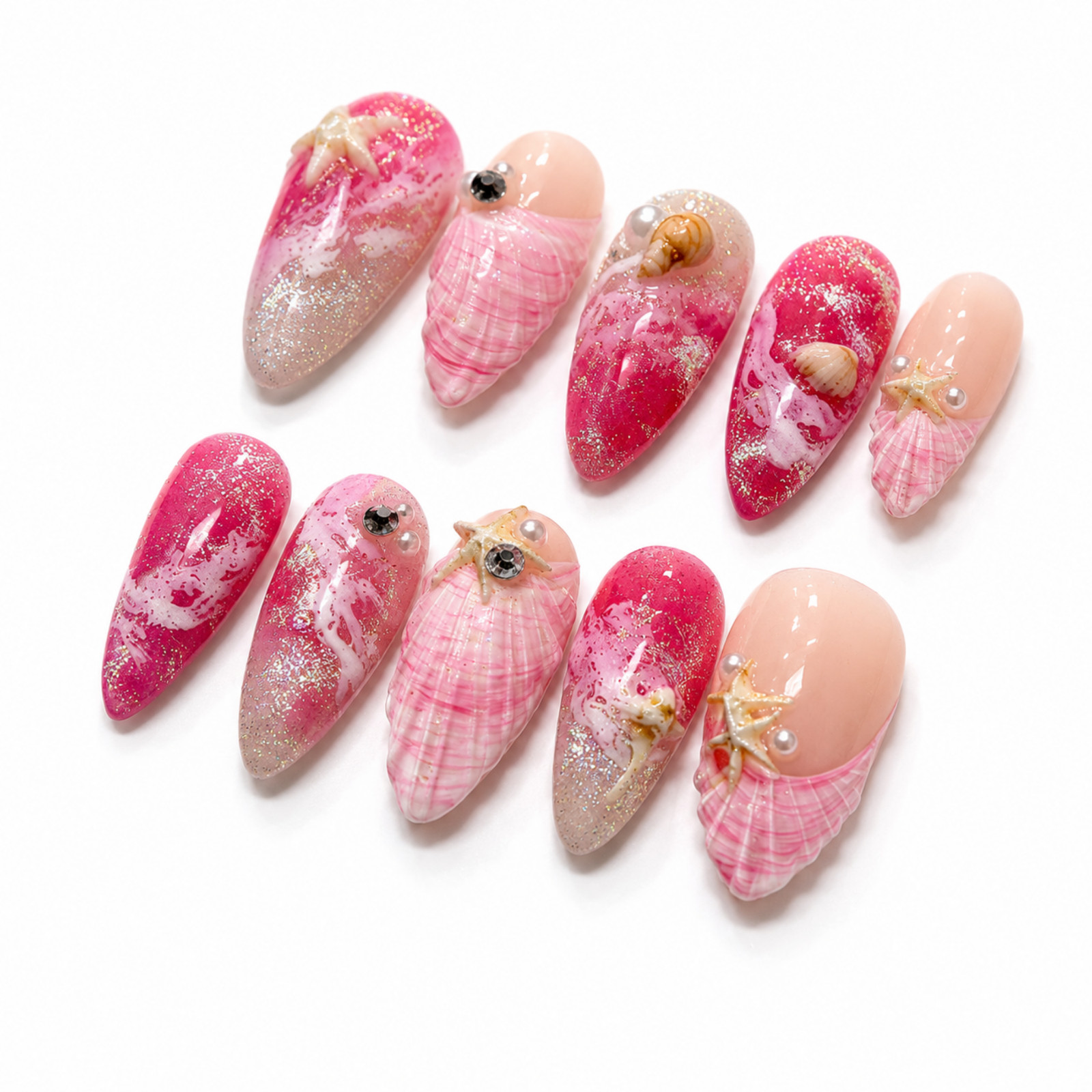 Handmade Pink Ocean Shell 3D Press On Nails Glitter Starfish Set