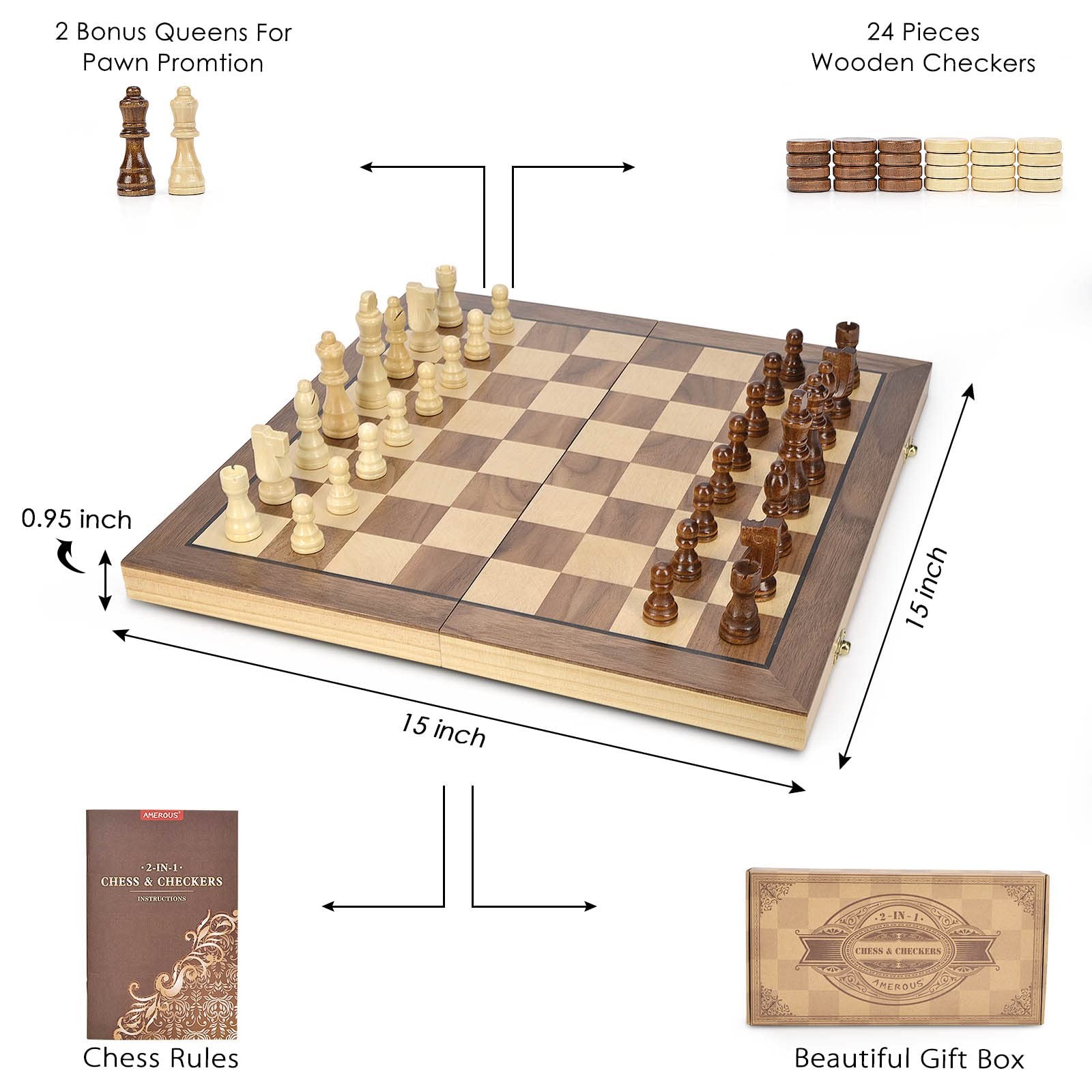 AMEROUS 15” Magnetic Wooden Chess & Checkers Game Set -2 Extra Queens Brown