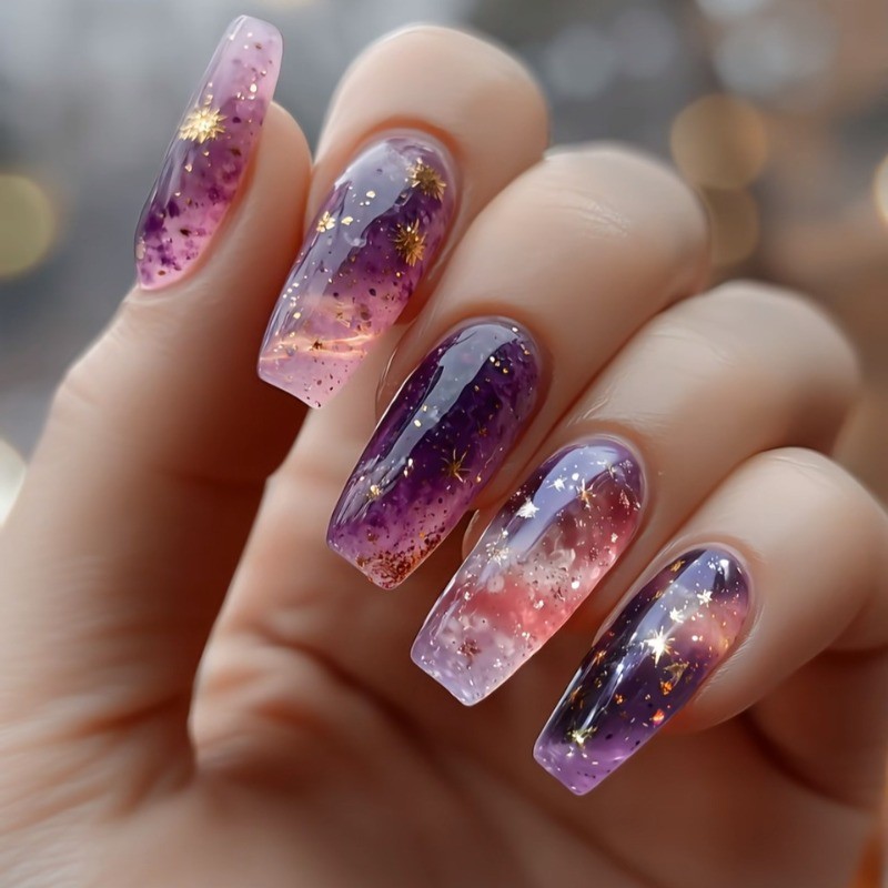 48pcs Galaxy Press on Nails Long Coffin with Purple Gradient Star Accents Nails