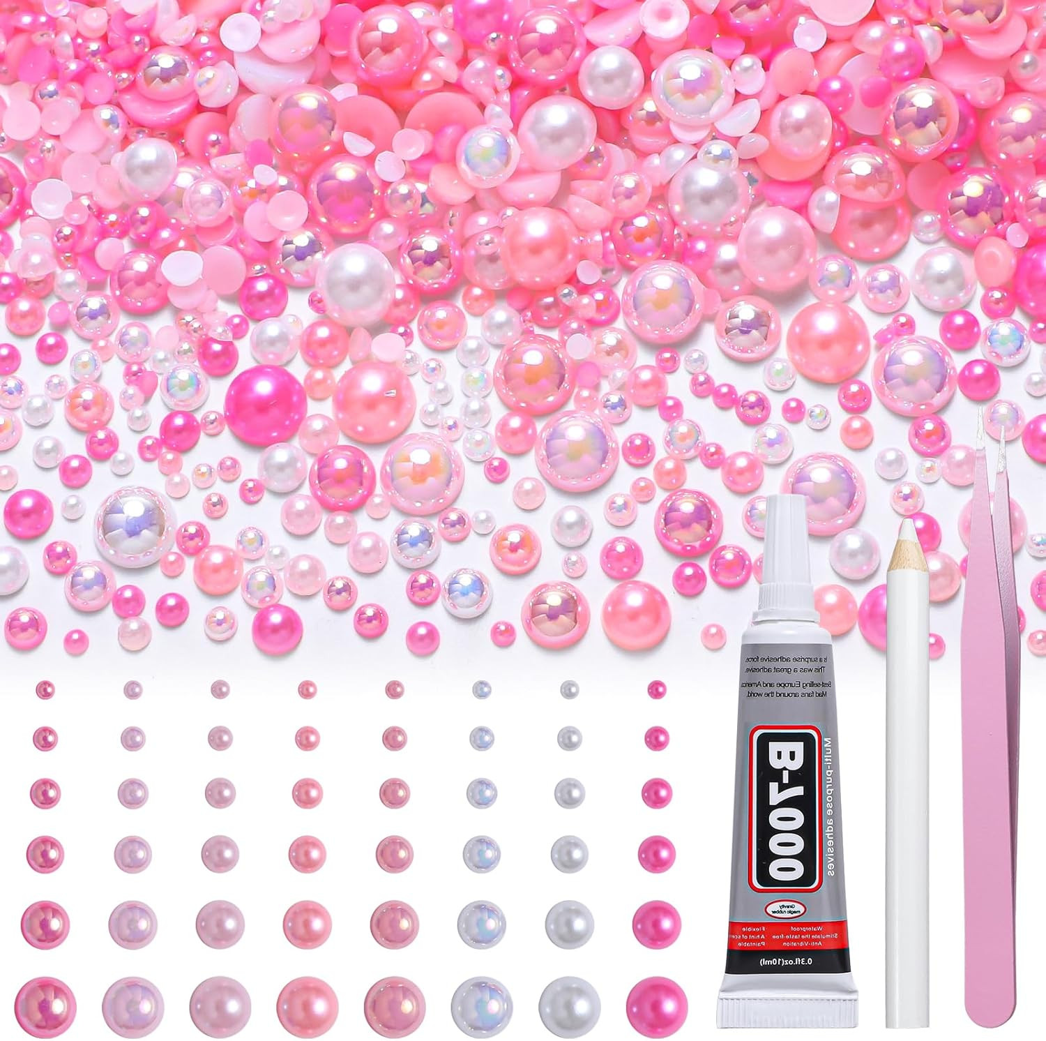 Flatback Pearls for Crafting, 60G Mixed Pink White Nail Half Pearls and Gems, 3/