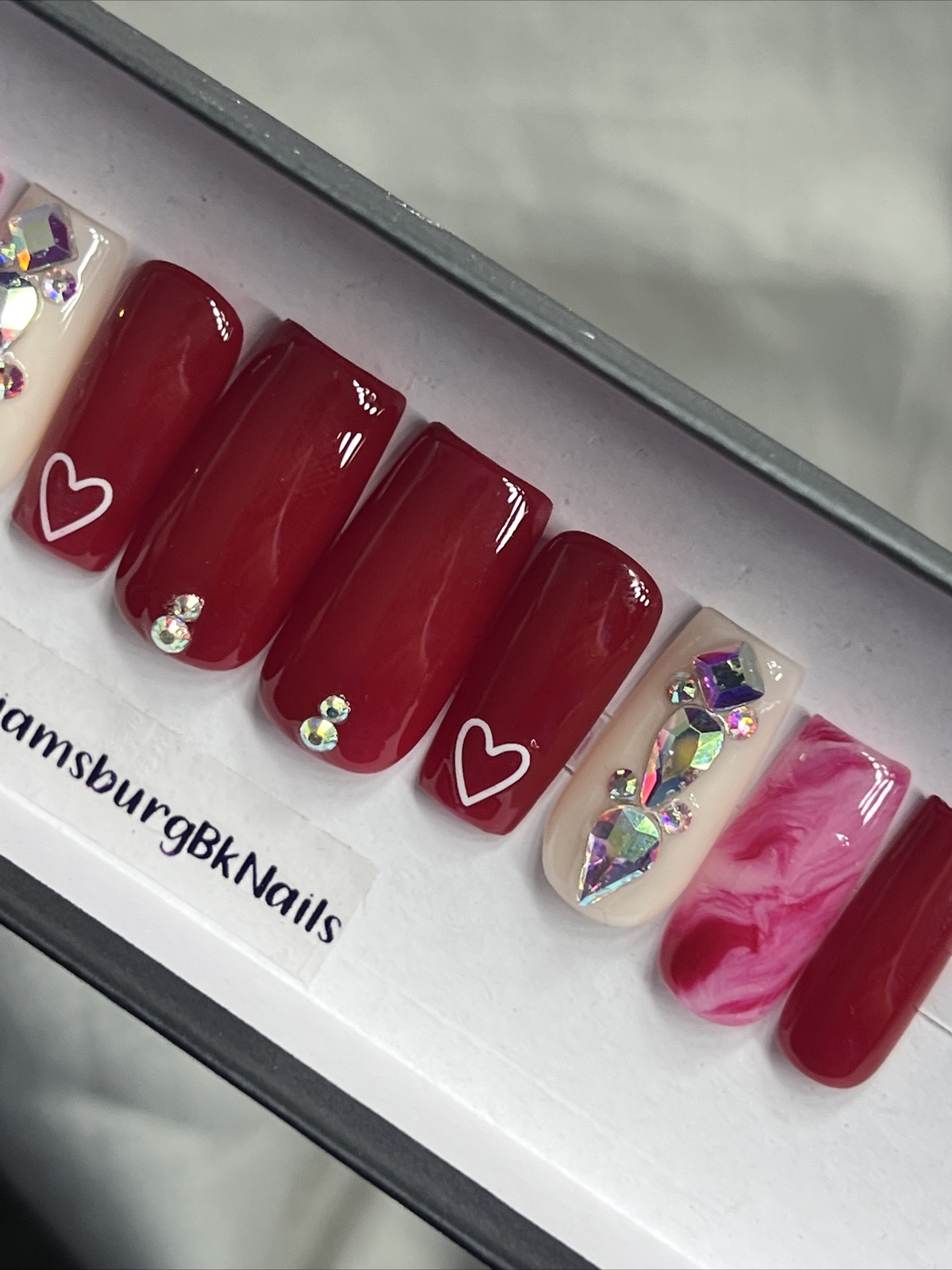 🔥 CUSTOM Gel Press On Nails, RED HEART W BLING 10p FULL SET W Kit