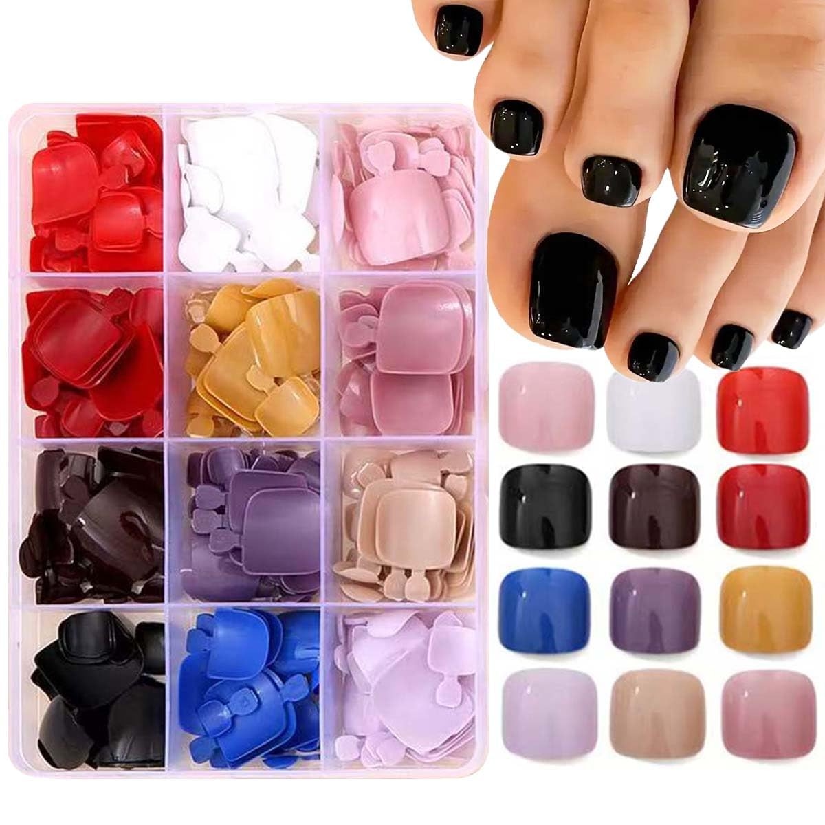 Uñas postizas cortas cuadradas presión para los pies con diseño cobertura total