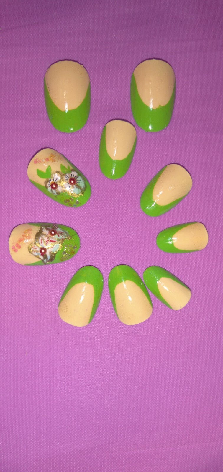 KFN Press On Nails ​Green French|Medium Oval|Hand Painted Floral Foil Art Kit 10