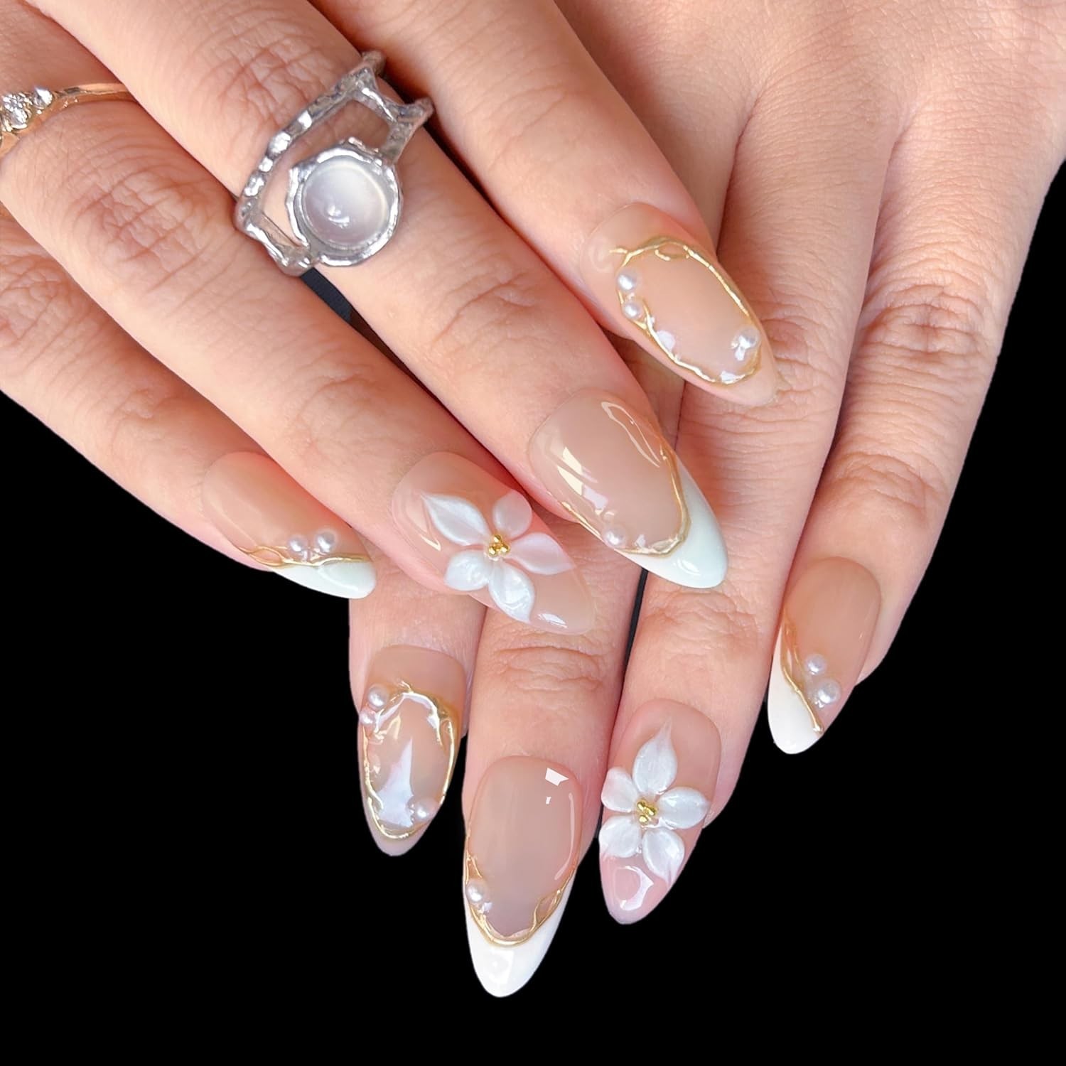 Handmade Almond Spring False Nails, 3D Floral & Pearl Design