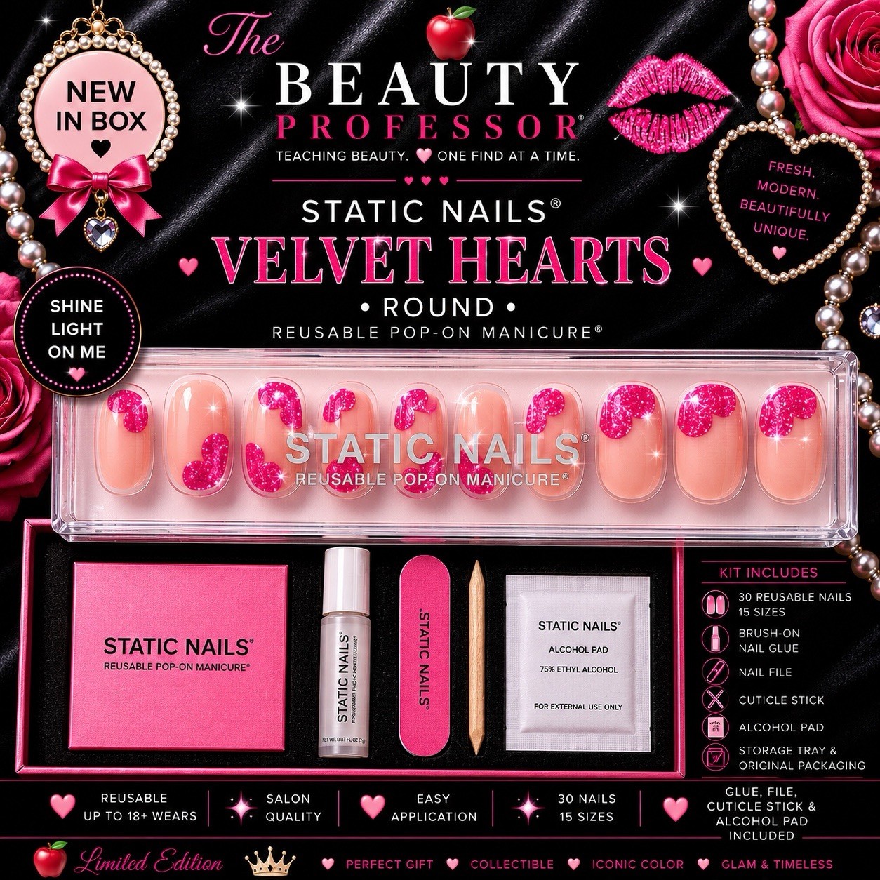 💅 Static Nails Velvet Hearts Round Reusable Pop-On Manicure New In Box