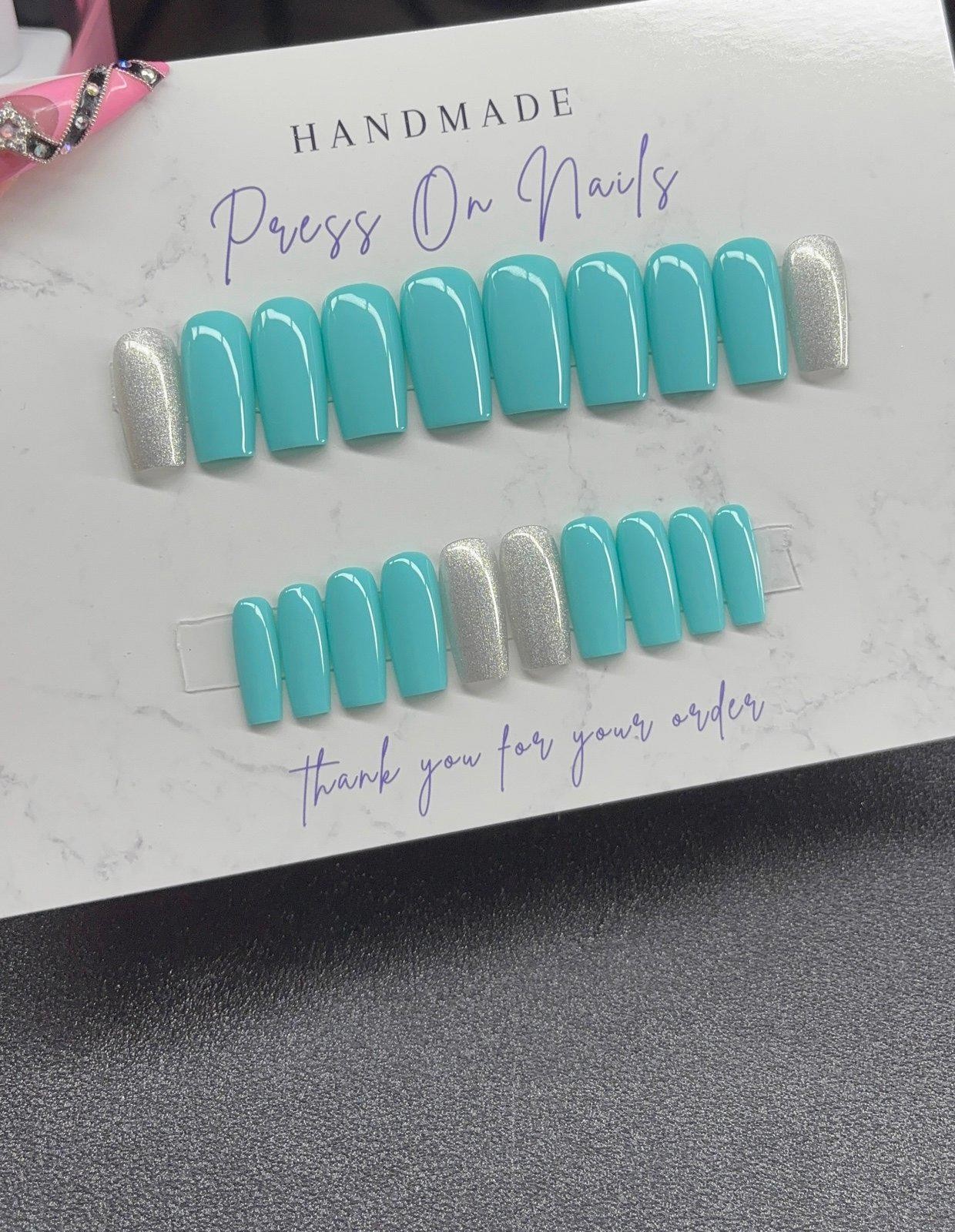 Medium square Press on nails silver glitter teal light blue handmade custom gel