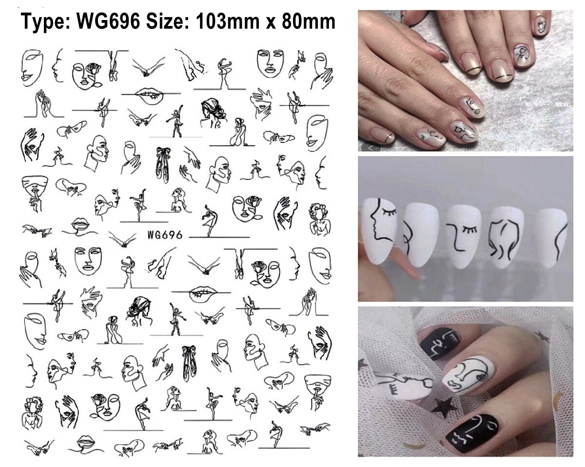 Woman with Flowers Line Art Print Woman’s Face Stick Figure 3D Nail Sticker