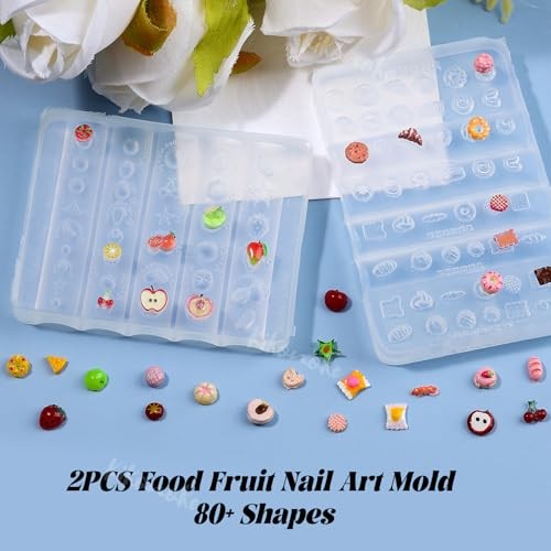2 Pcs Food & Fruit Silicone Nail Molds, 3D Strawberry Cherry Apple Food Fruit