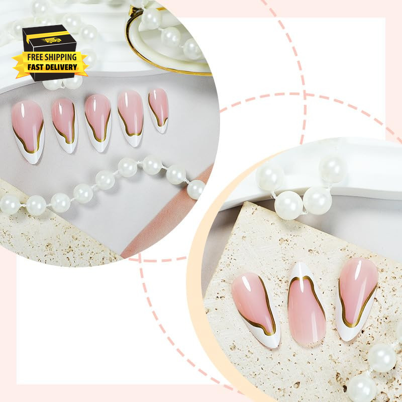 White French Tip Press on Nails Short Almond Fake Nails with Chrome 3D Gold Wave