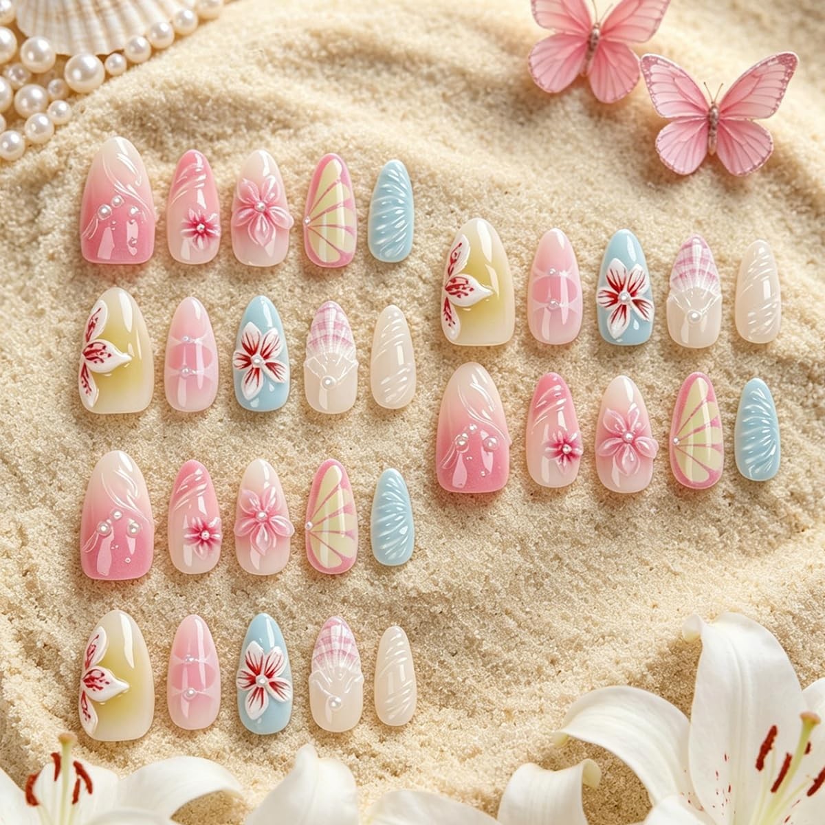 30Pcs Spring Flower Press on Nails Medium Almond Shape Pink Blue Floral Fake …