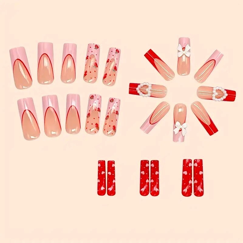24 Fake Nails Heart 3D Charm Bow Press On Style Kit Glam Vacation Strawberries