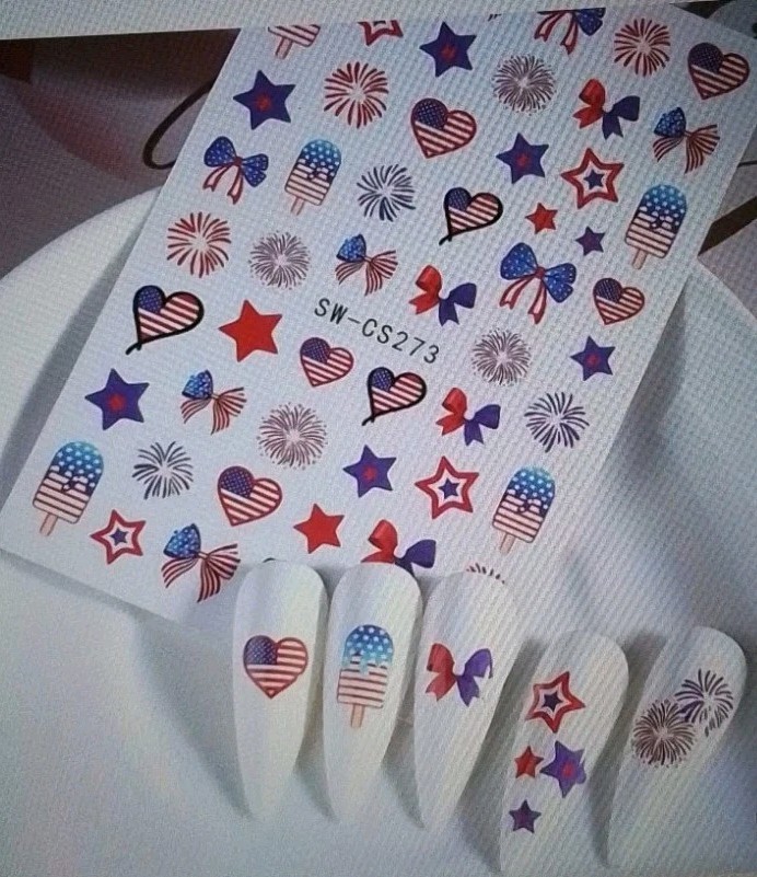 Patriotic Nail Art Decals Set Of 55, Fireworks,Flags, Colorful- w/ Instructions