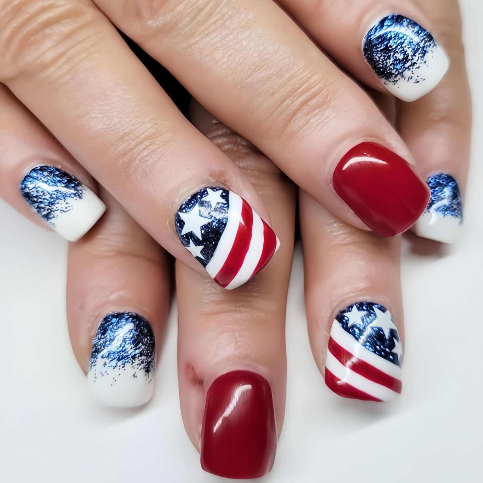 Patriotic Red Blue Glitter Square Press On Nails For Independence Day