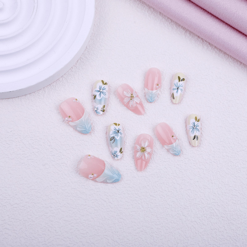 30P Short Almond Press on Nails, Mint Green Gradient 3D Floral Fake Nails