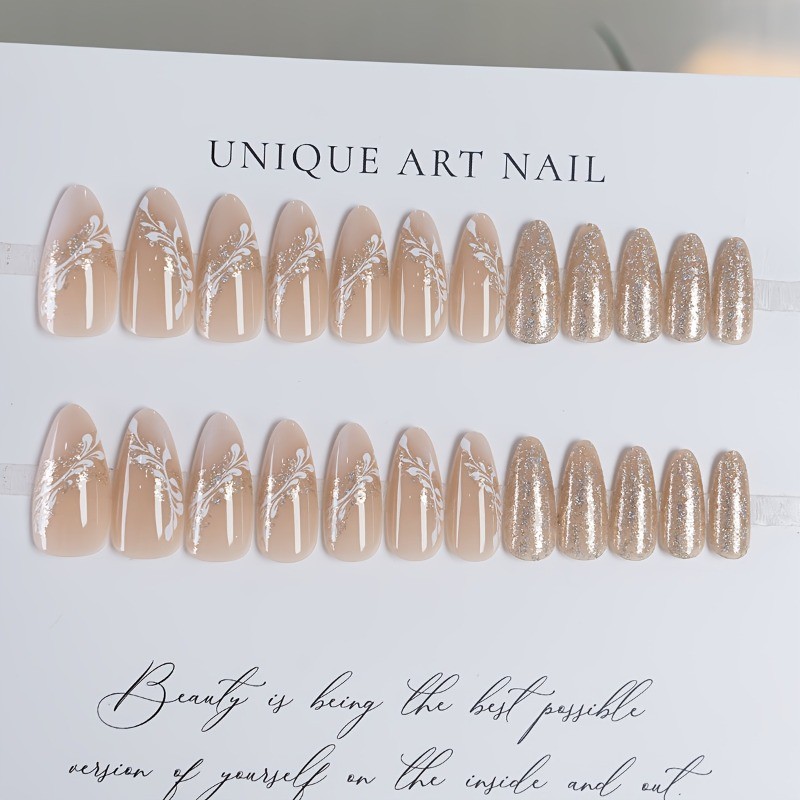 48pcs Nude & Rose Gold Press on Nails Almond Shape with White Floral Accents