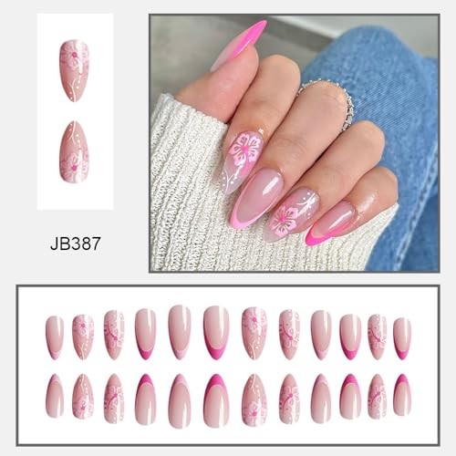 Pink French tips Press on Nails Medium 1 Fl Oz (Pack of 1) Almond Flower-2