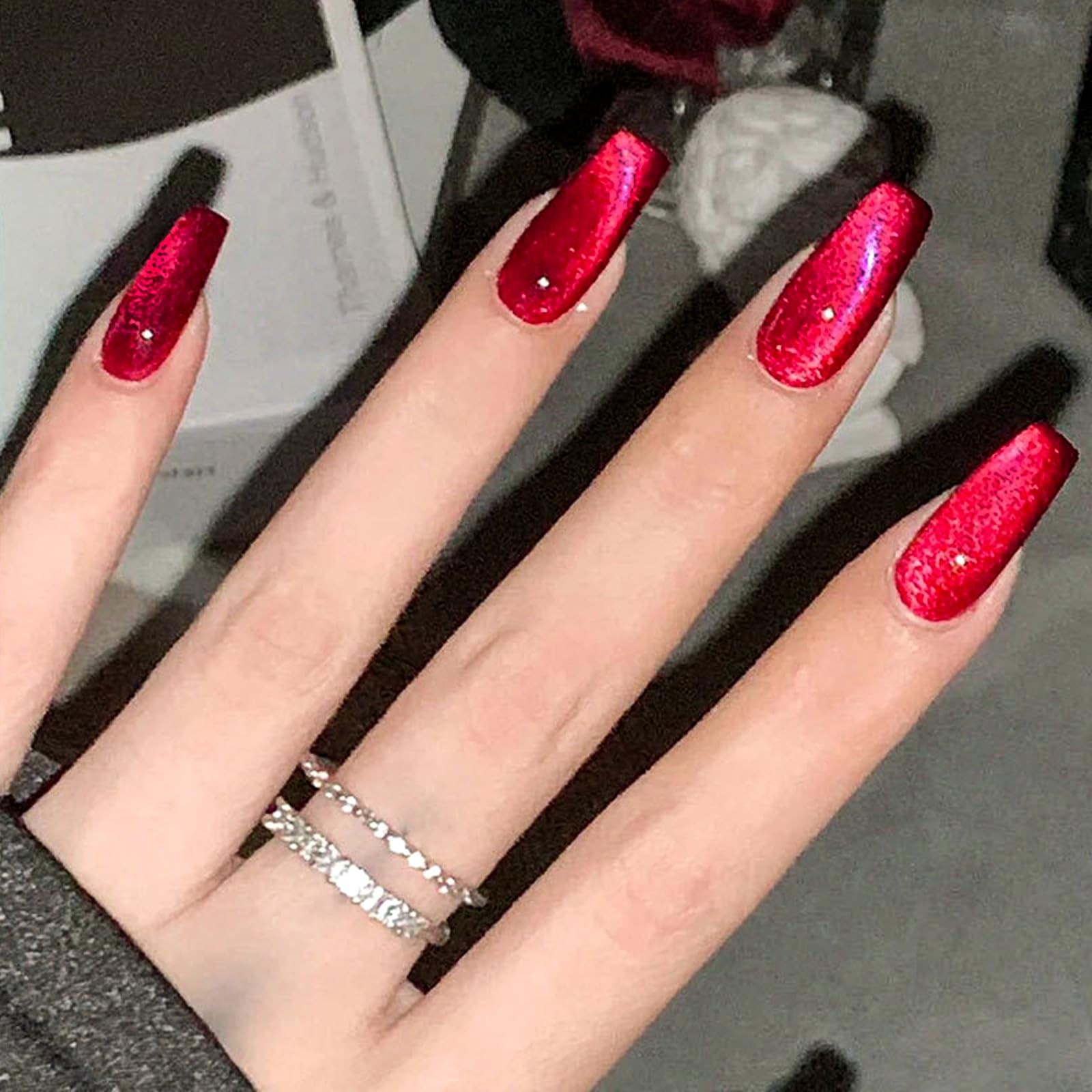 Red Press on Nails Medium Coffin Fake Wine Cat Eye Medium, style7
