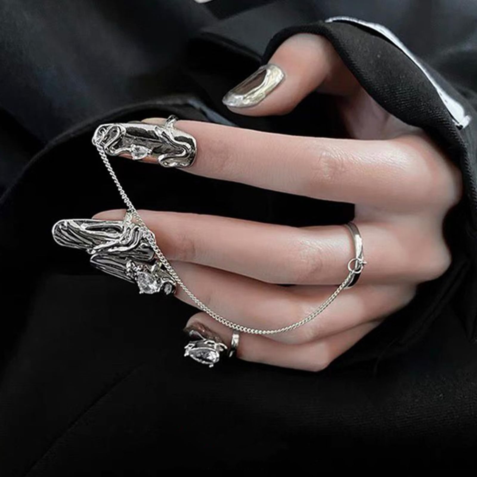 Silver Punk Finger Nail Tip Claw Rings, rhinestone Adjustable Open Nail Rings…