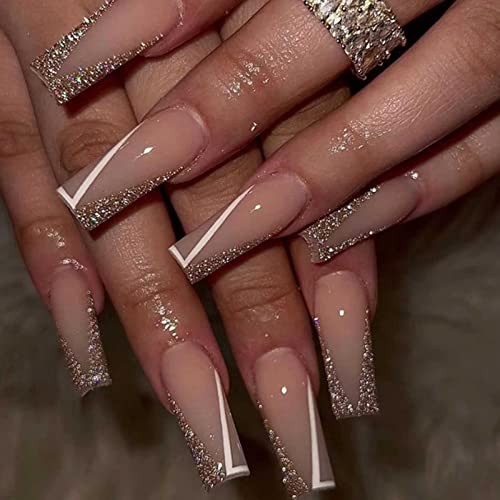 Long Press on Nails Square French Fake 24 Count (Pack of 1) Bling Multicolor