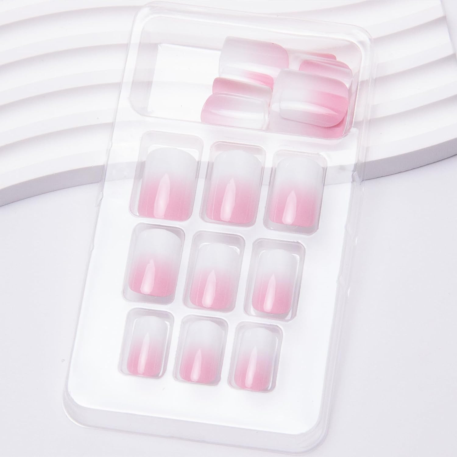 24Pcs Ombre Press on Nails Medium Square Acrylic Fake Nails Pink White Gradation